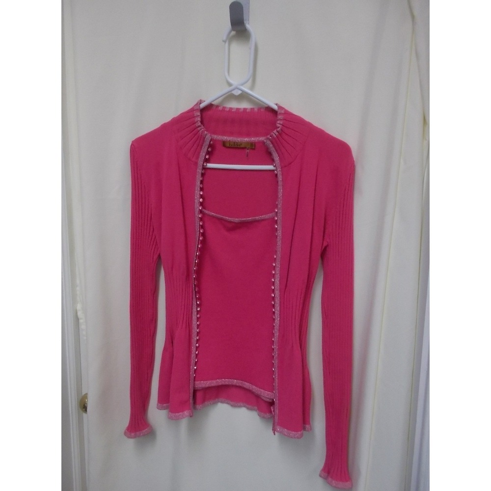 Belldini Hot Pink 2 Piece Sweater Set Cardigan Camisole Metallic Trim Size S